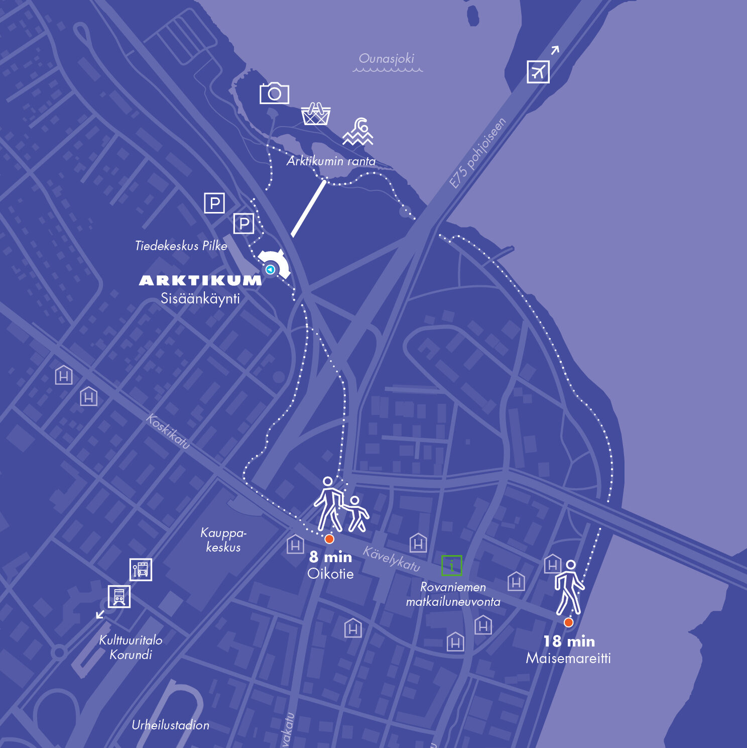 Sininen Rovaniemen kartta, johon merkitty Arktikumin sijainti